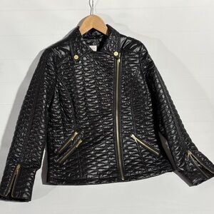 Chico's Black Quilted Puffer Jacket with Gold Accents